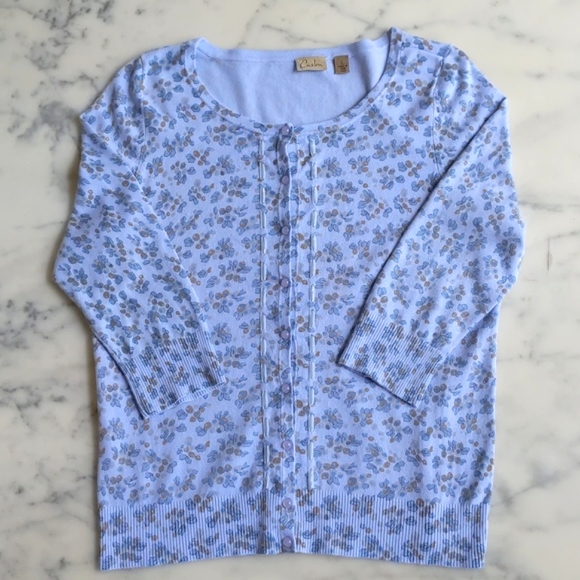 NWOT. Caslon Blue Floral Cardigan Sweater with front Ribbon Design & 3/4 Sleeve. - Picture 3 of 4